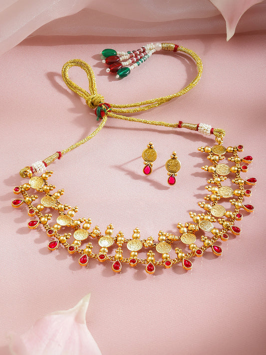 Laxmi Motif Gold Toned Ruby Necklace Set フリーサイズ