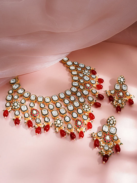 Rubans 18K Gold Plated Brass Kundan Layered & Red Beaded Choker Jewellery Set フリーサイズ