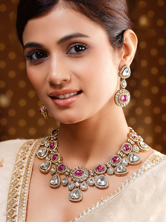 Luxury Magenta Kundan Bridal Necklace Set フリーサイズ