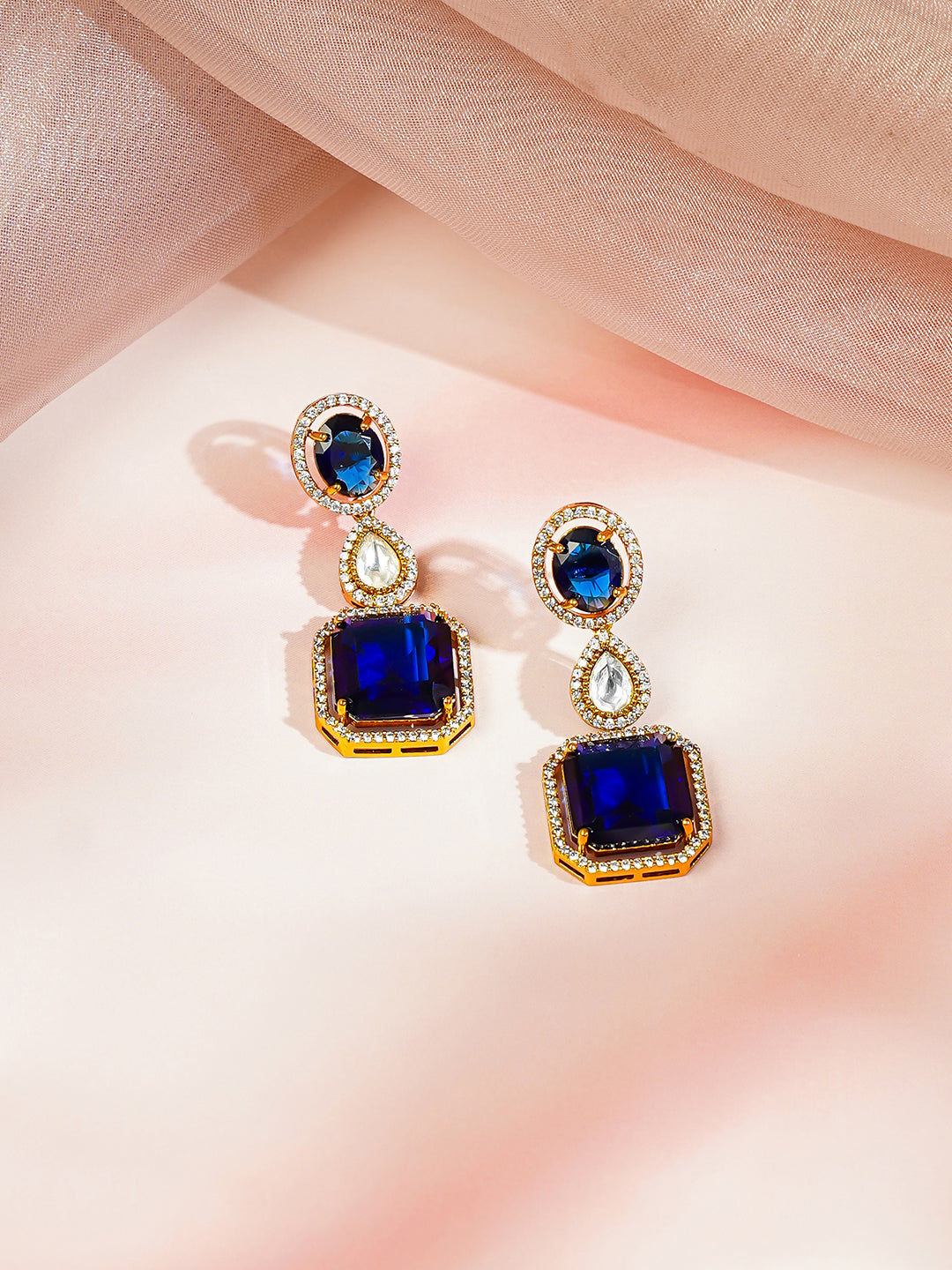 【Rubans】 Gold Plated Teardrop Layered Blue Sapphire Necklace Set|ゴールドメッキ ティアドロップ レイヤード ブルーサファイアカラー ネックレスセット