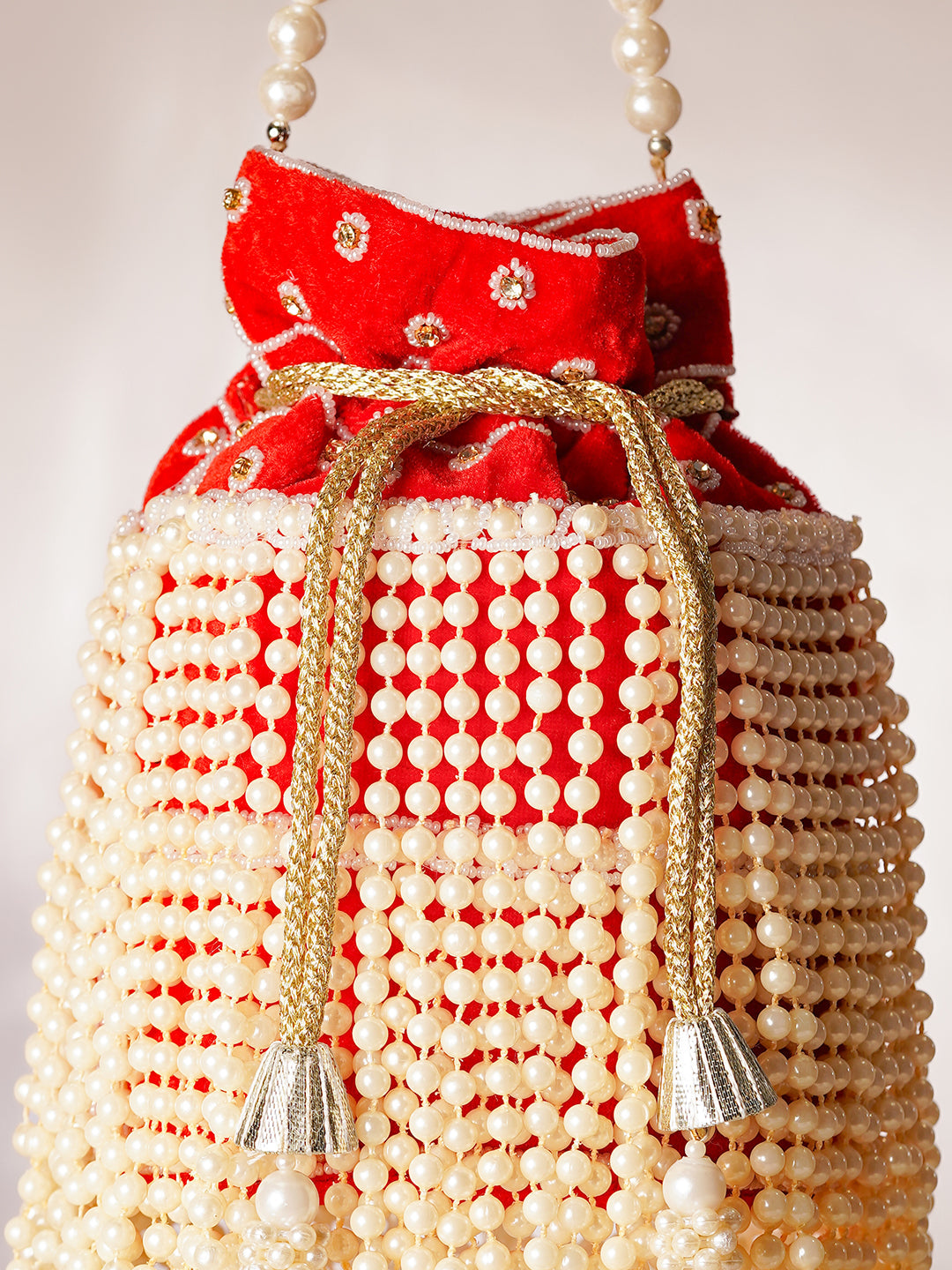 【Rubans】 Red Cascading Pearl Embellished Ethnic Potli Bag|レッド カスケードパール エスニック ポトリバッグ