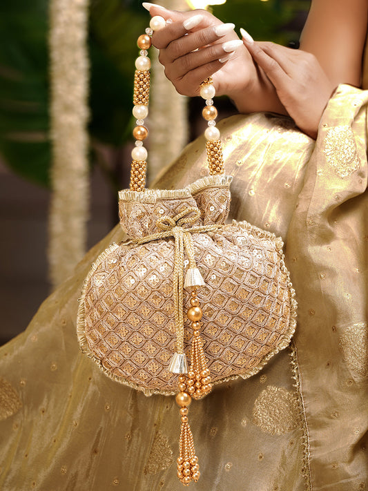 Regal Golden Beige Handcrafted Potli Bag フリーサイズ