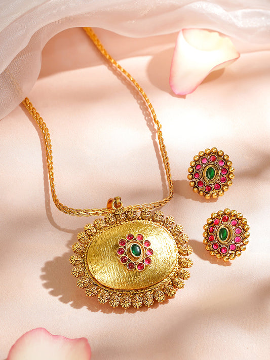 Golden Floral Red Green Studded Pendant Set フリーサイズ