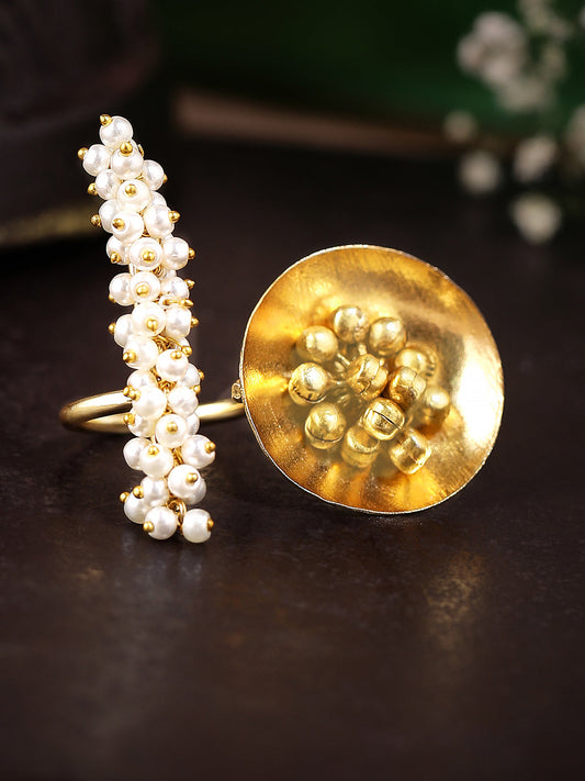 Rubans 24K Gold Plated Handcrafted Ring With Pearls, Golden Beads And Circular Design Gold
