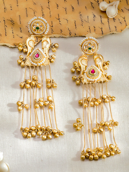 Bird Motif Gold Beaded Kashmiri Dangler Earrings フリーサイズ