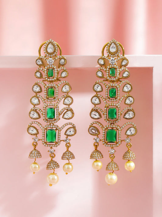 Green Studded Pearl Drop Dangler Earrings フリーサイズ