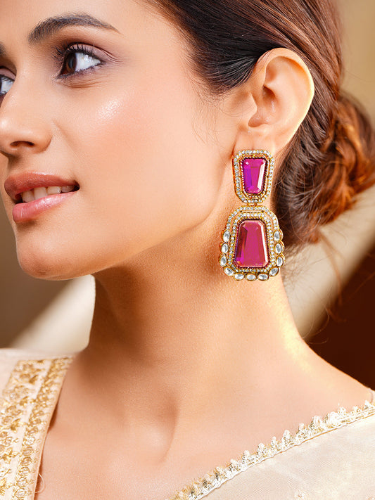 Deep Pink Gemstone Modern Drop Earrings フリーサイズ