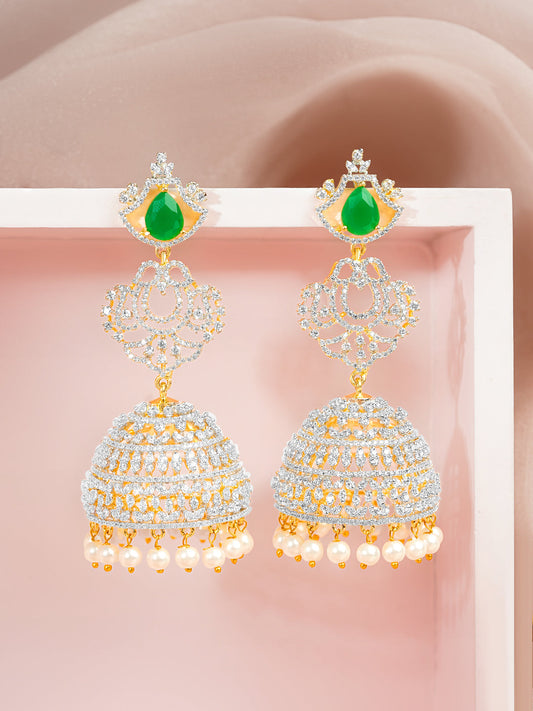 【Rubans】 Gold-Plated Cubic Zirconia Emerald Green Jhumka Earrings|ゴールドメッキ キュービックジルコニア エメラルドグリーン ジュムカ