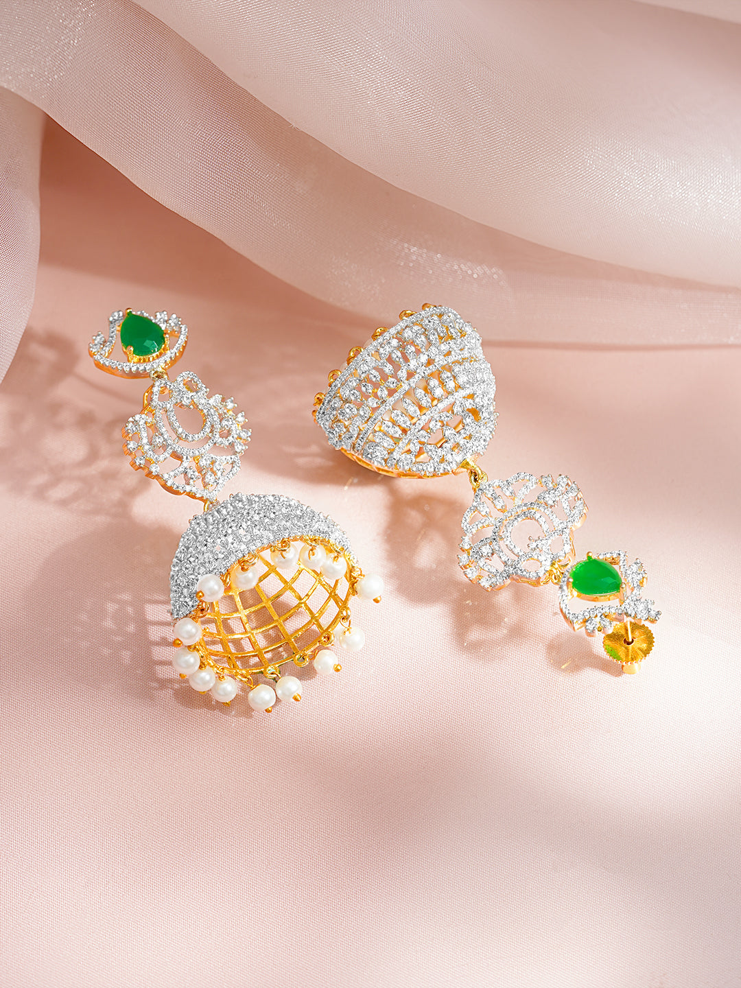 【Rubans】 Gold-Plated Cubic Zirconia Emerald Green Jhumka Earrings|ゴールドメッキ キュービックジルコニア エメラルドグリーン ジュムカ