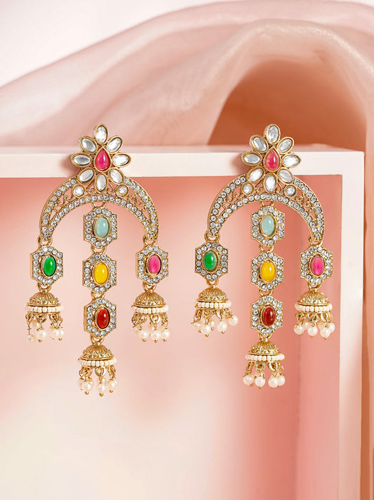 Multicolor Kundan Zirconia Chandelier Earrings フリーサイズ
