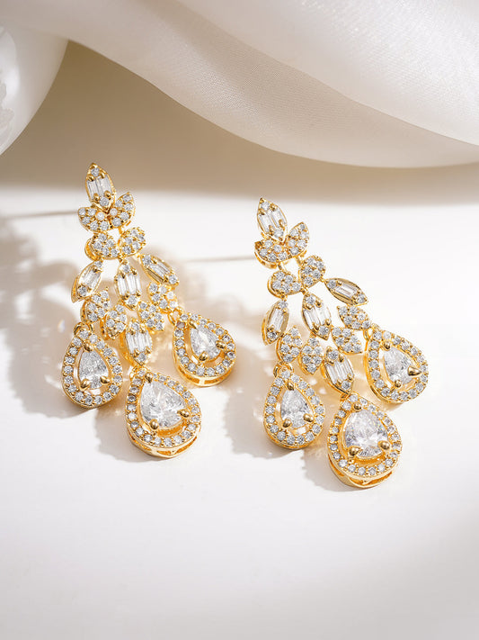 【Rubans】 Gold Plated Teardrop American Diamond Zirconia Dangler Earrings|ゴールドメッキ ティアドロップ アメリカンダイヤモンド ダングラーイヤリング