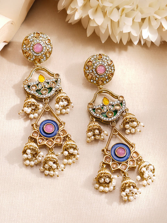 【Rubans】 Gold Plated Multi Layered Pearl Drop Dangler Jhumkas|ゴールドメッキ マルチレイヤー パールドロップ ダングラー ジュムカ