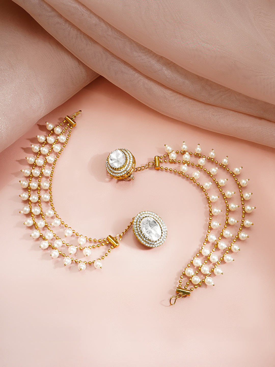 【Rubans】 Gold Plated Pearl Detailed Kundan Kaan Chain Earrings|ゴールドメッキ パール クンダン カーンチェーン イヤリング