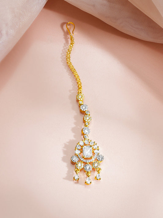 【Rubans】Gold Plated Sparkle Cubic Zirconia Teardrop Maangtikka|ゴールドメッキ スパークル キュービックジルコニア ティアドロップ マンティッカ