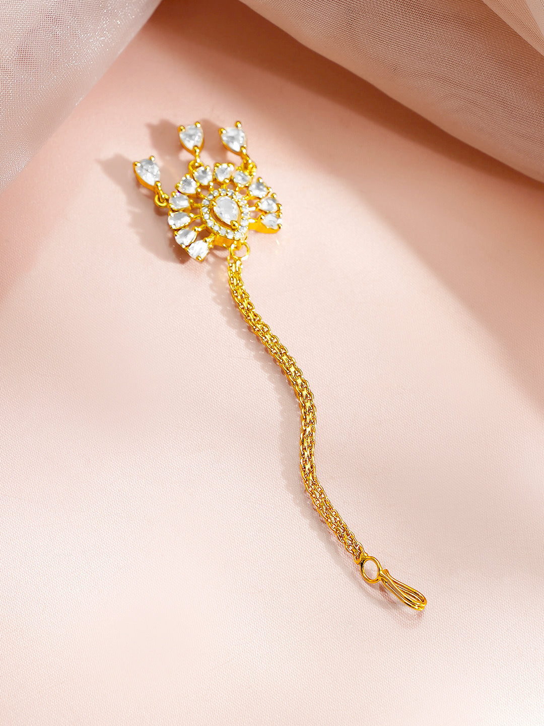 【Rubans】 Gold Plated American Diamond Zirconia Teardrop Maang Tikka|ゴールドメッキ アメリカンダイヤモンド ジルコニア ティアドロップ マーンティッカ