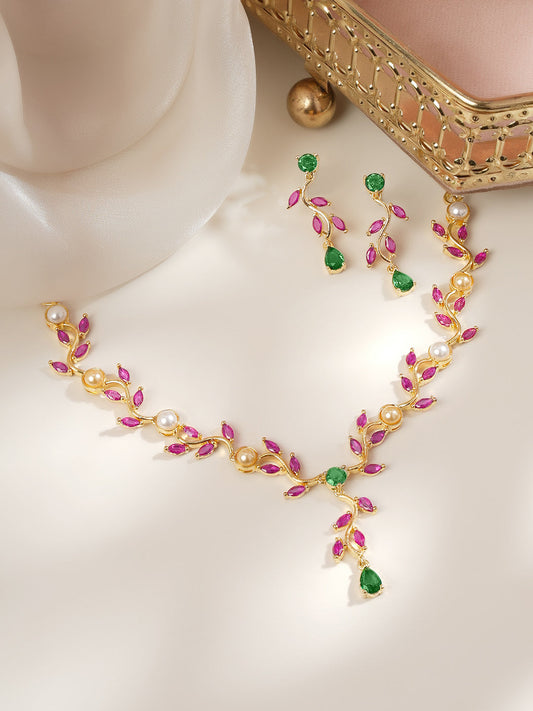 【Rubans】Gold Plated Festive Vine Ruby Emerald Pearl Necklace Set|ゴールドメッキ フェスティブ ヴァイン ルビー エメラルド パール ネックレスセット