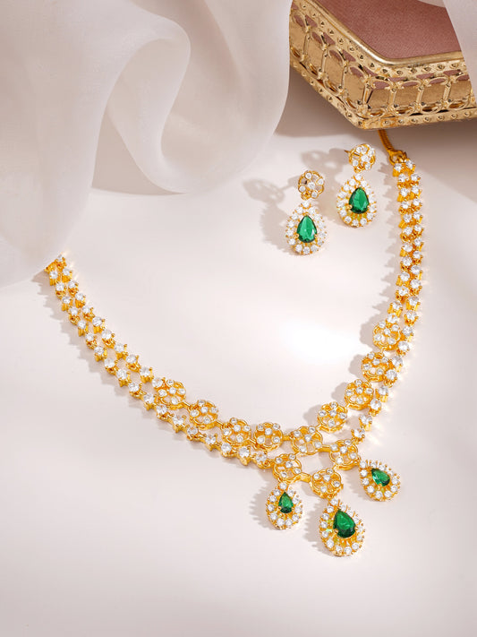 【Rubans】Gold Plated Emerald Dewdrop Floral Zirconia Necklace Set|ゴールドメッキ エメラルド デュードロップ フローラル ジルコニア ネックレスセット