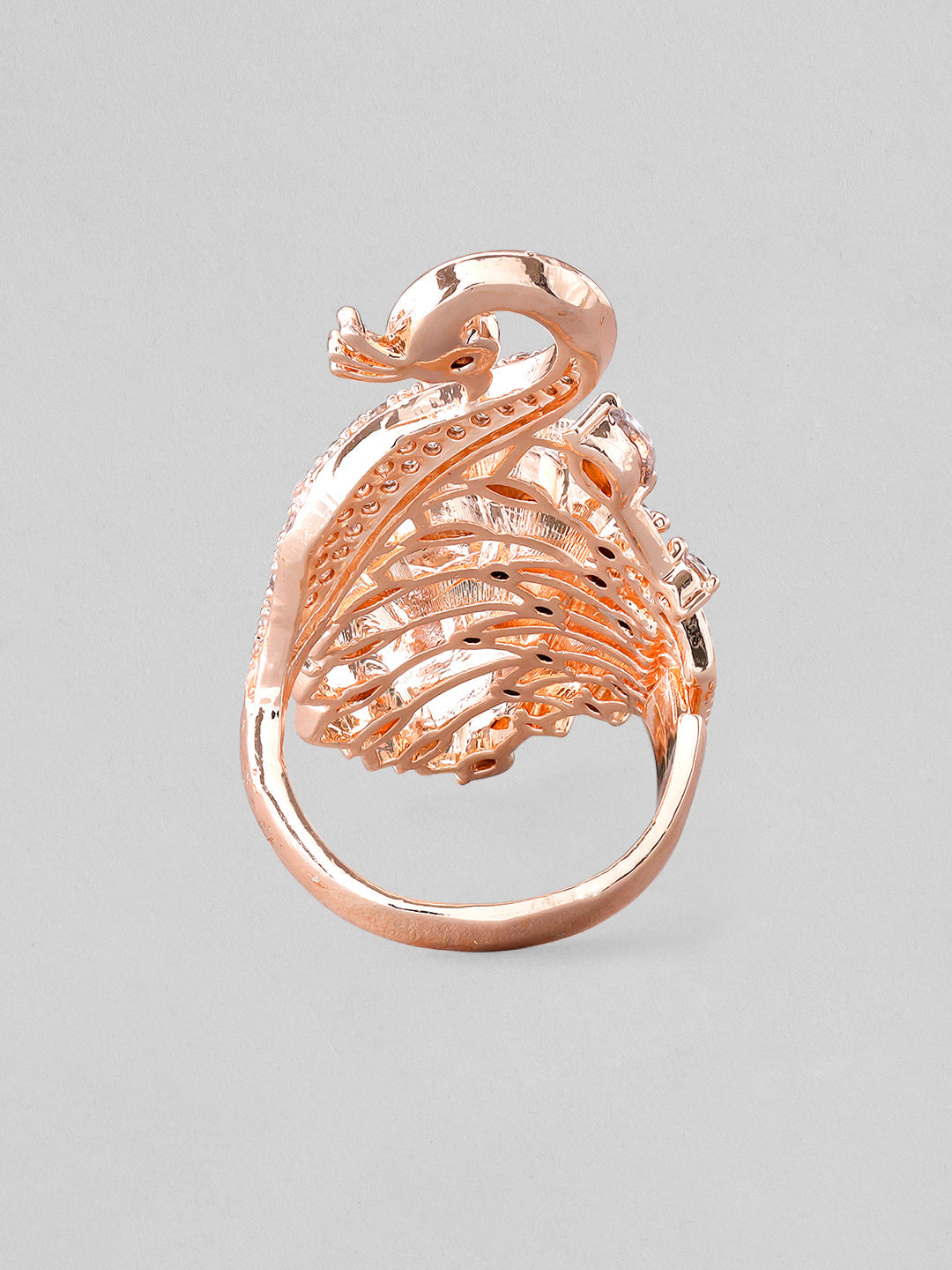 Rubans Rose Gold Plated Ring With Peacock Design And Studded AD Rose Gold