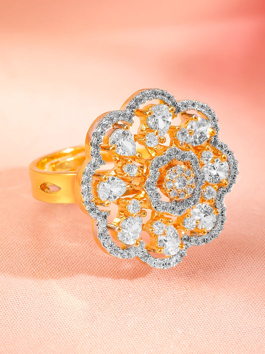 American Diamond Zirconia Floral Gold Ring Gold