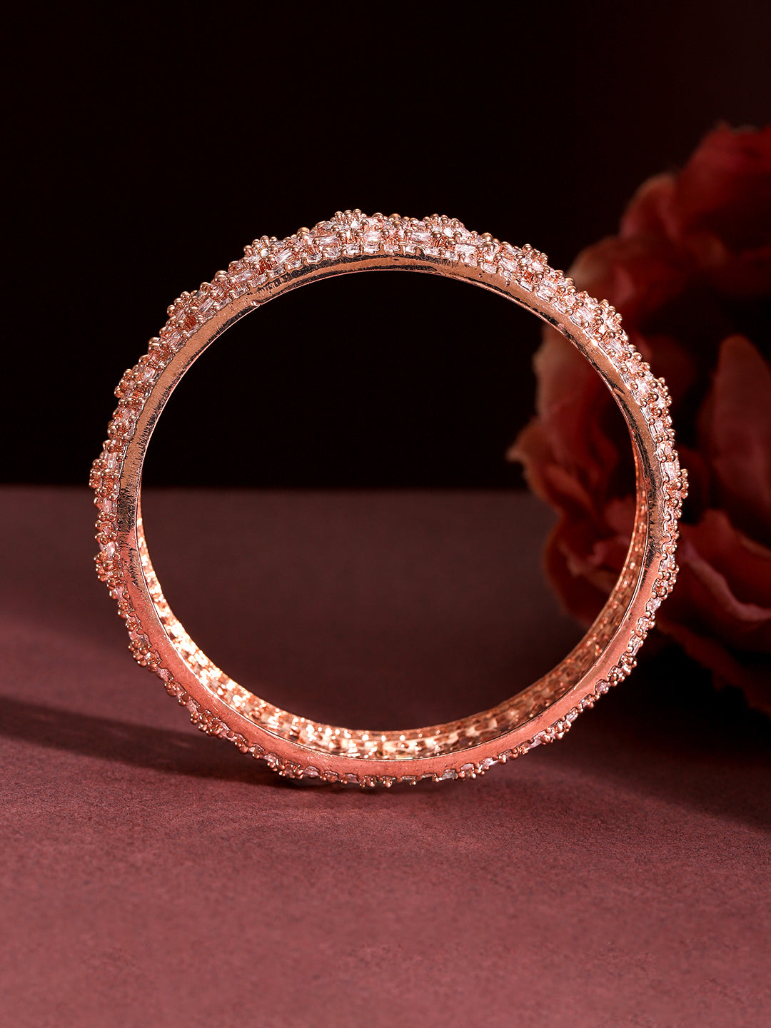 Rubans Set of 2 22K Rose Gold Plated Cubic Zirconia Stone Studded Floral Design Bangles 2.8 - Large
