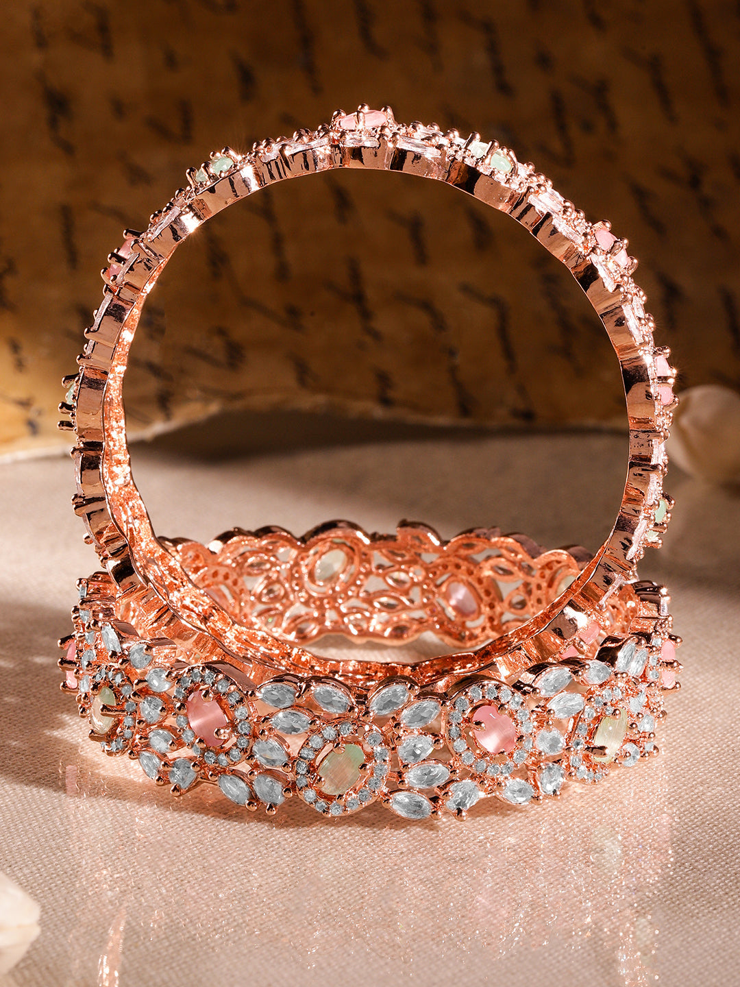 Rubans Set of 2 22K Rose Gold-Plated Pastel Pink, Blue & White Cubic Zirconia Studded Premium Bangles 2.8 - Large