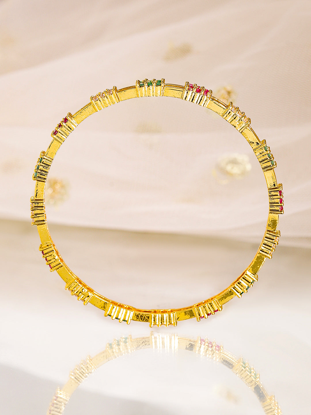 Rubans Set of 4, 22K Gold-Plated Multicolor Stone & Cubic Zirconia Handcrafted Bangles 2.4 - Small