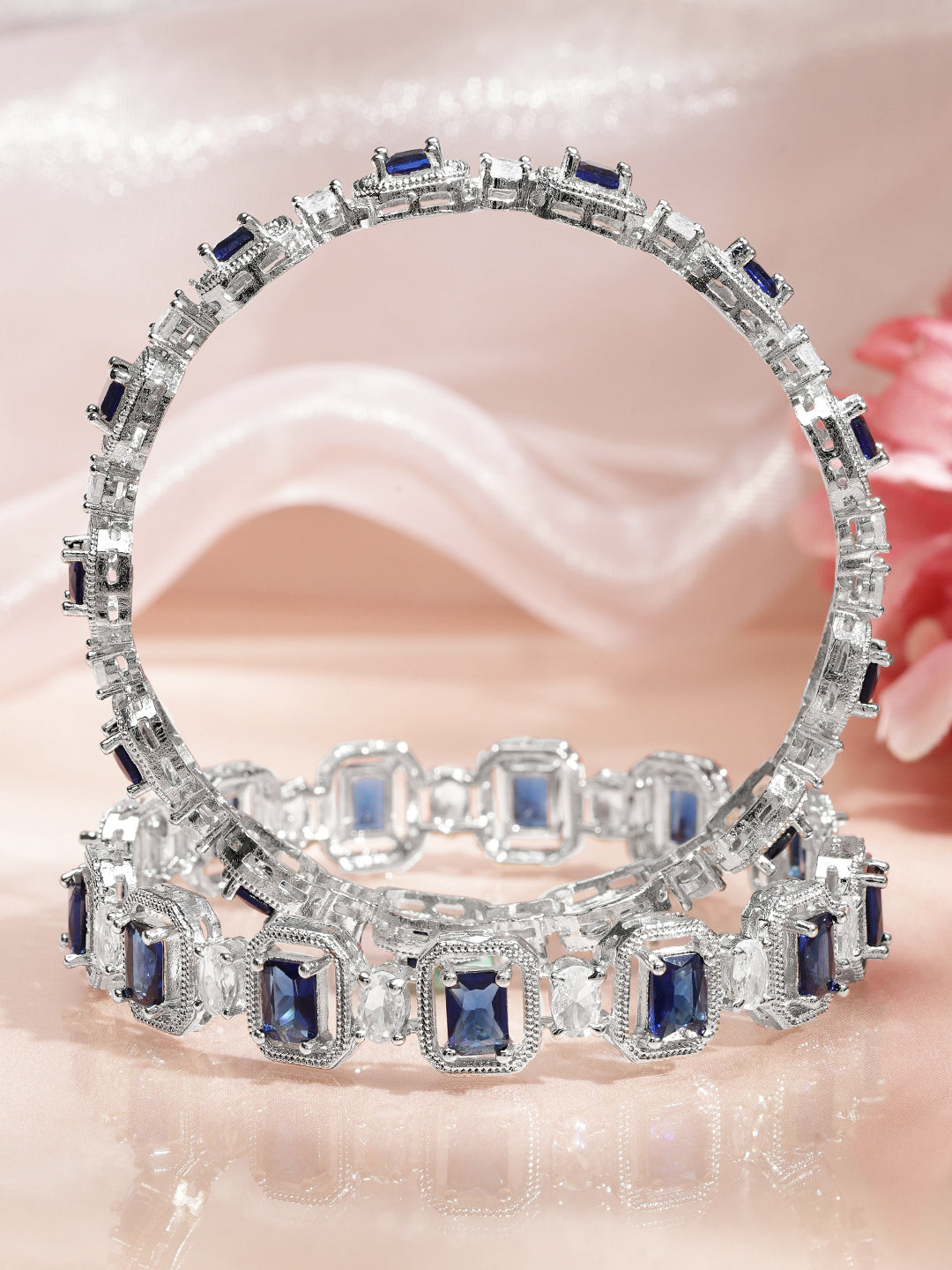 Rubans Set of 2 Rhodium-Plated Blue Sapphire & White Zirconia Studded Designer Bangles 2.8 - Large