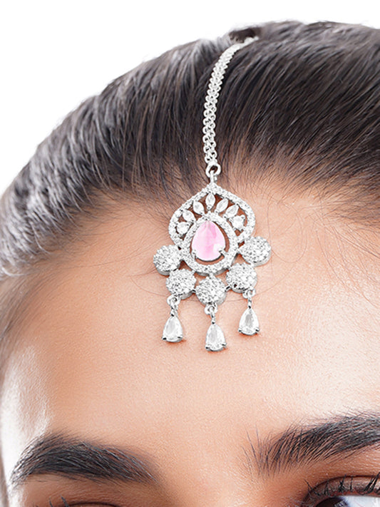 【Rubans】 Rhodium Plated Pink Accent American Diamond Zirconia Maang Tikka|ロジウムメッキ ピンクアクセント アメリカンダイヤモンド ジルコニア マーンティッカ