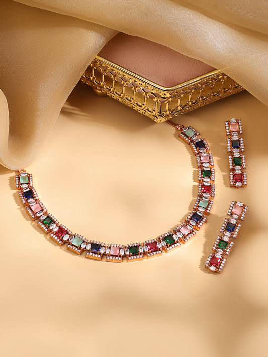 Rubans Rose Gold Plated Multicolour Zirconia Stone Studded Handcrafted Necklace Set. フリーサイズ