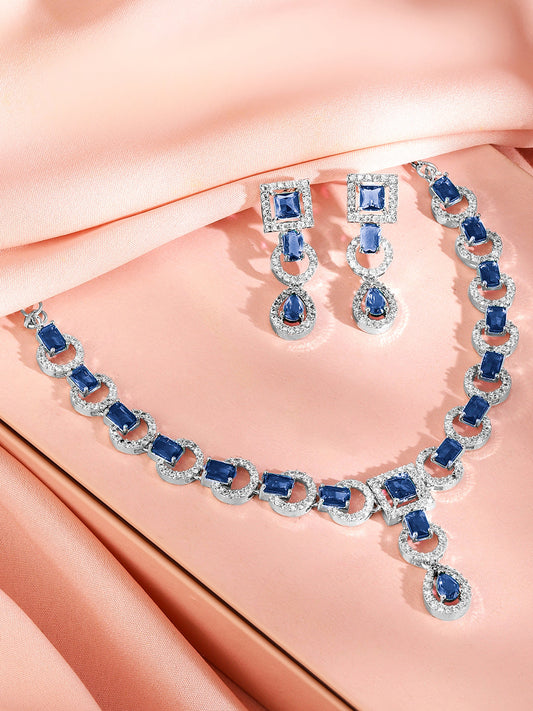 Studded American Diamond Zirconia Blue Necklace Set Blue
