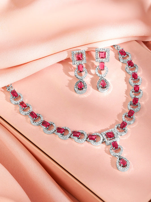 American Diamond Zirconia Pink Cubic Necklace Set Ruby Pink