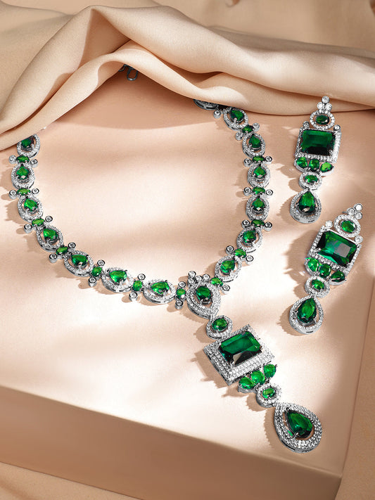 American Diamond Zirconia Studded Emerald Necklace Set Green