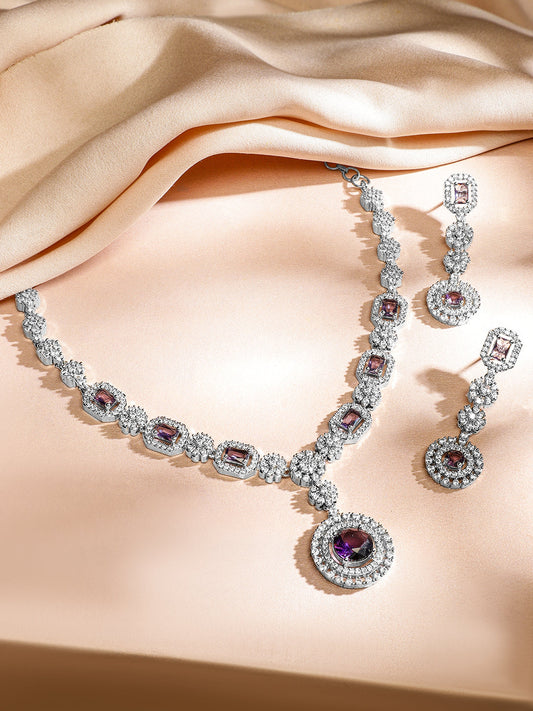 American Diamond Zirconia Purple Studded Necklace Set フリーサイズ