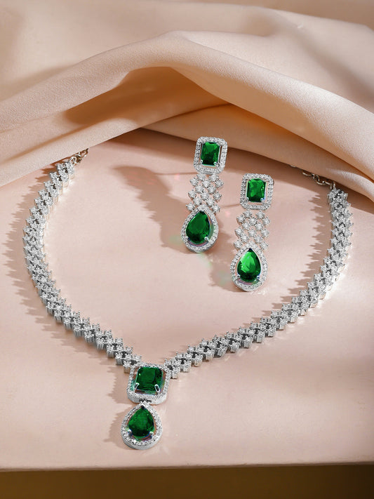 American Diamond Zirconia Green Drop Necklace Set フリーサイズ
