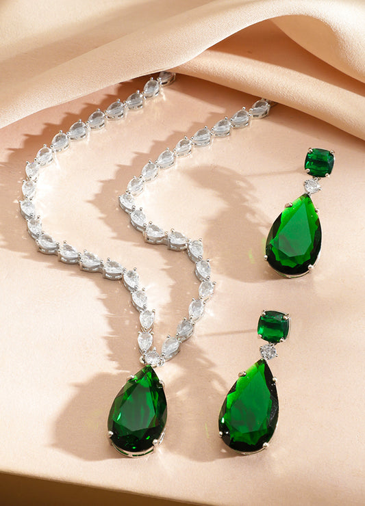 American Diamond Zirconia Emerald Drop Necklace Set フリーサイズ