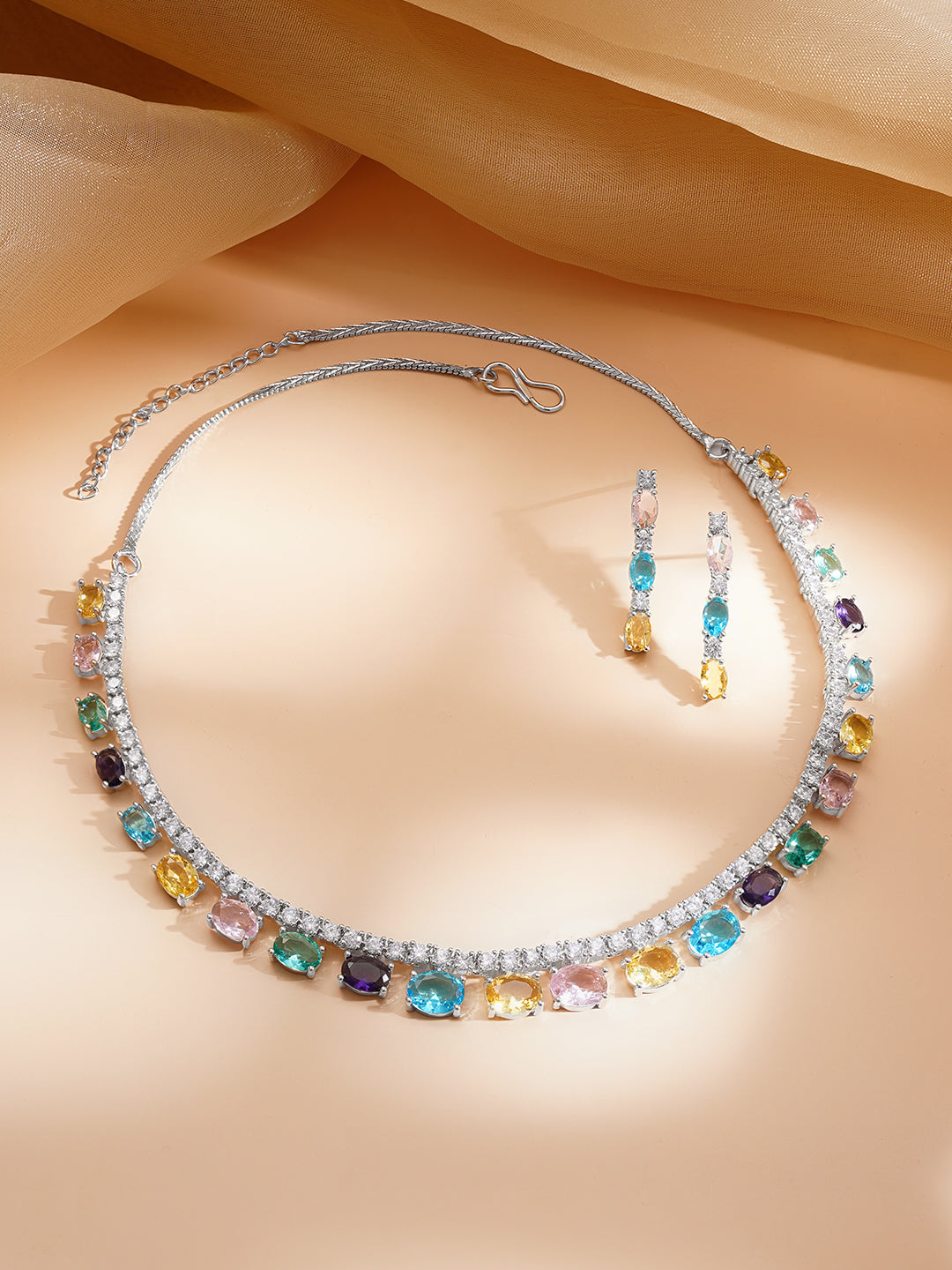 【Rubans】 Rhodium Plated American Diamond Zirconia Multicolor Necklace Set|ロジウムメッキ アメリカンダイヤモンド マルチカラー ネックレスセット