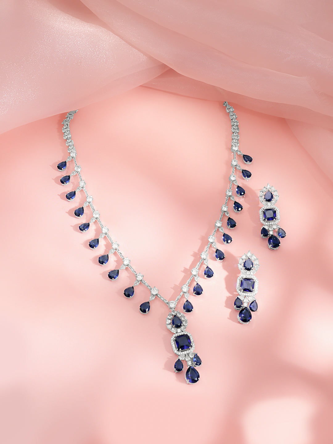 【Rubans】 Rhodium Plated Midnight Blue Crystal Cubic Zirconia Teardrop Necklace Set|ロジウムメッキ ミッドナイトブルー クリスタル ジルコニア ティアドロップ ネックレスセット
