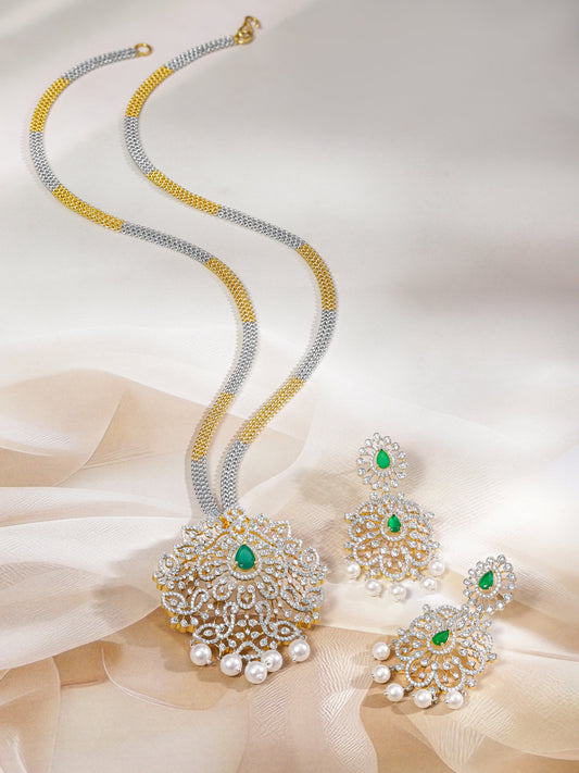 Dual-Toned American Diamond Zirconia Pearl Necklace Set フリーサイズ