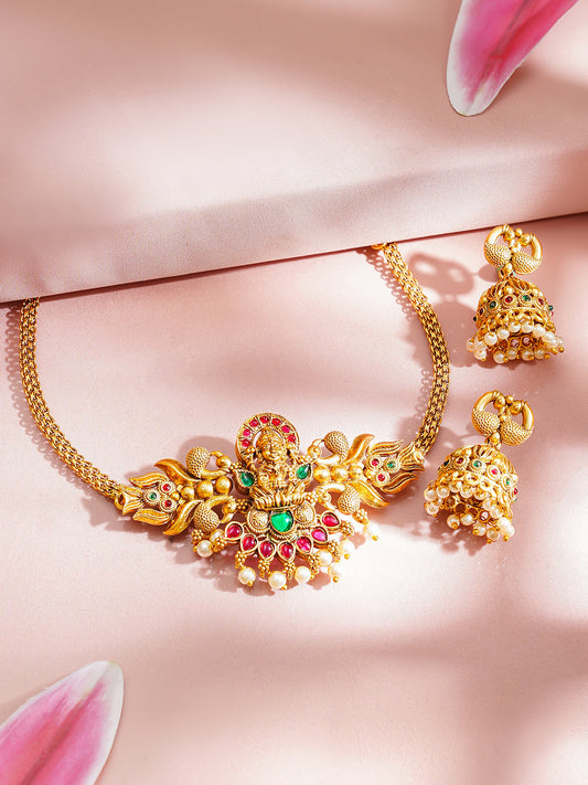 【Rubans】 Gold Plated Peacock Motif Pearl Drop Temple Choker Set|ゴールドメッキ 孔雀モチーフ パールドロップ テンプル チョーカーセット