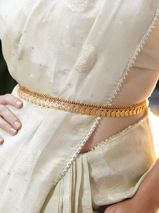 Red Studded Coin Motif Gold Kamarbandh フリーサイズ