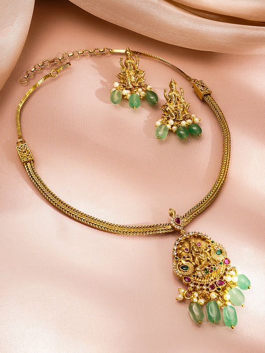 Temple Pendant Pastel Green Bead Necklace Set フリーサイズ