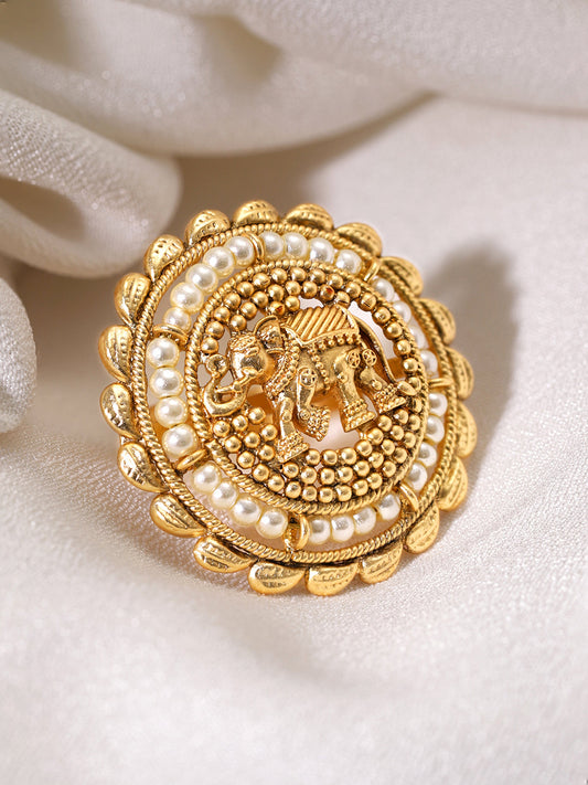 Rubans 22K Gold-Plated Beaded Elephant Charm Finger Ring Gold
