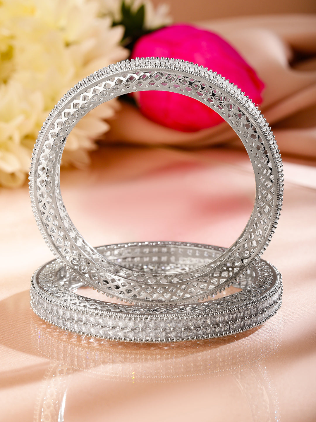 Rubans Set of 2 Rhodium-Plated White Cubic Zirconia Studded Luxe Bangles for Women 2.4 - Small