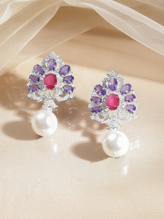 Crystal Bloom Pearl Drop Earrings Length - 5 cm