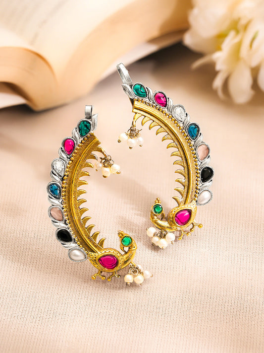 Gold Plated Brass Multicolour Kundan Pearl Dual Tone Ear Cuff Earrings フリーサイズ