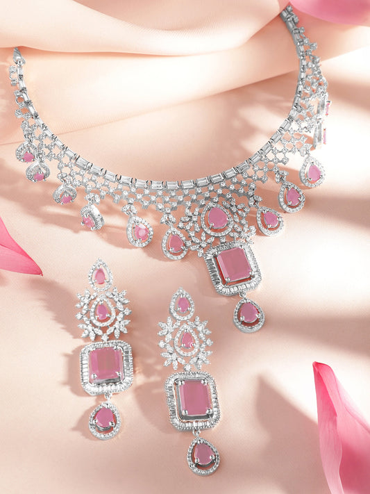 American Diamond Zirconia Pink Teardrop Necklace Set Pink