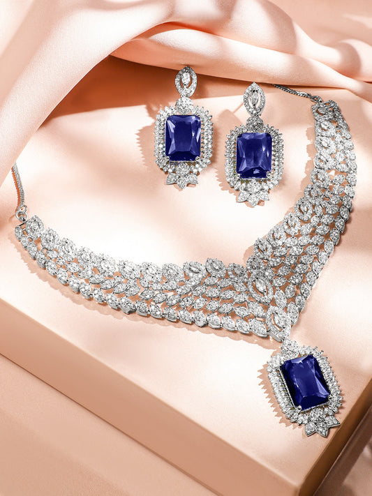 Blue American Diamond Zirconia Short Necklace Set Blue