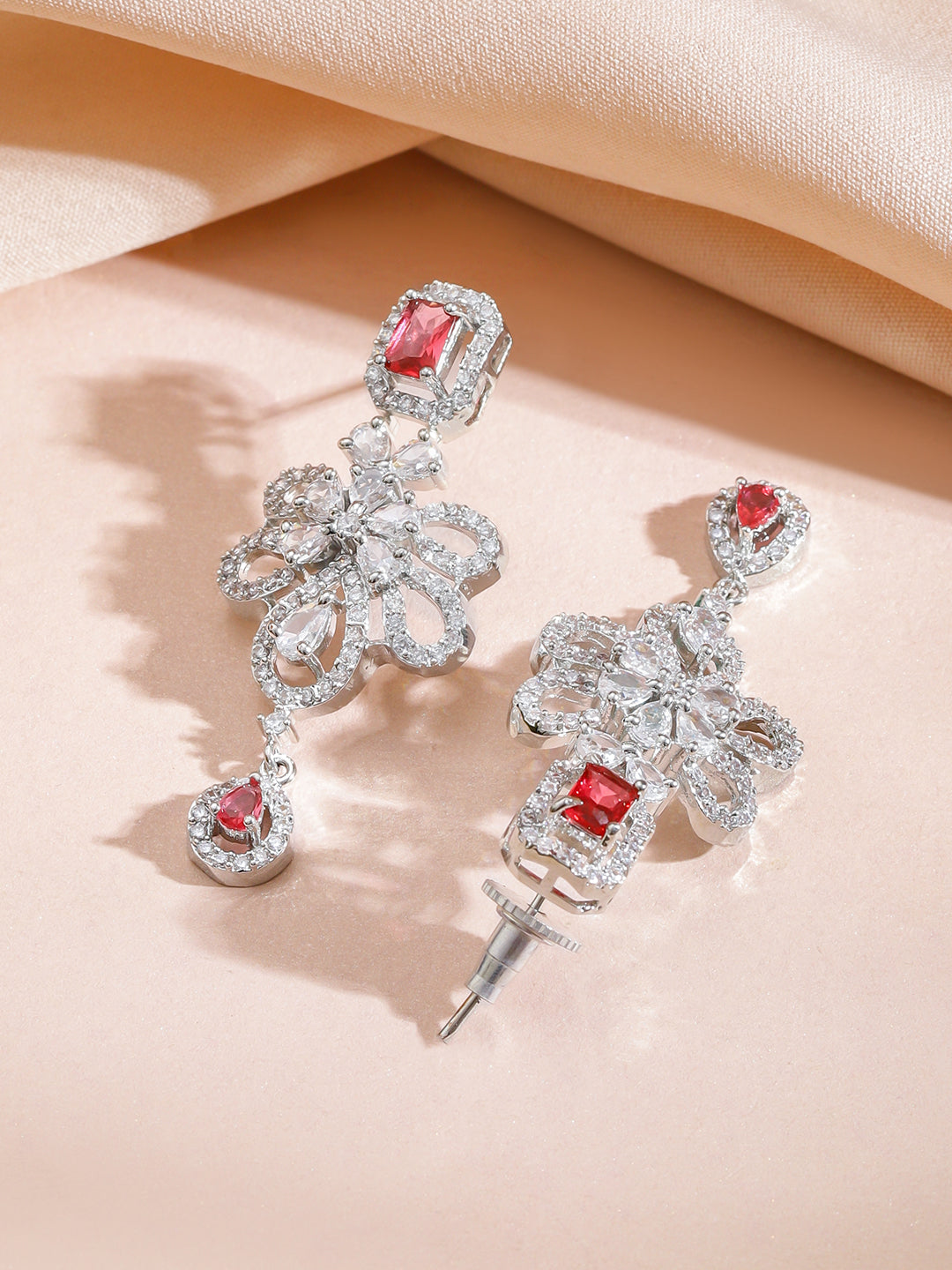 Red Studded American Diamond Zirconia Floral Necklace Set フリーサイズ