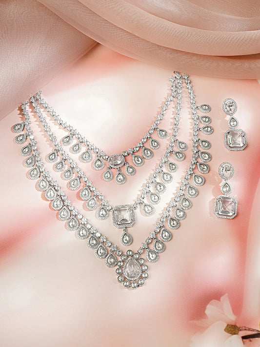 【Rubans】 Rhodium Plated American Diamond Zirconia Teardrop Layered Necklace Set|ロジウムメッキ アメリカンダイヤモンド ジルコニア ティアドロップ レイヤード ネックレスセット