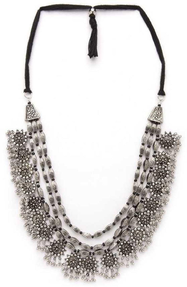 Rubans Oxidised Silver Toned Embellished With Multilayer Statement Necklace Silver